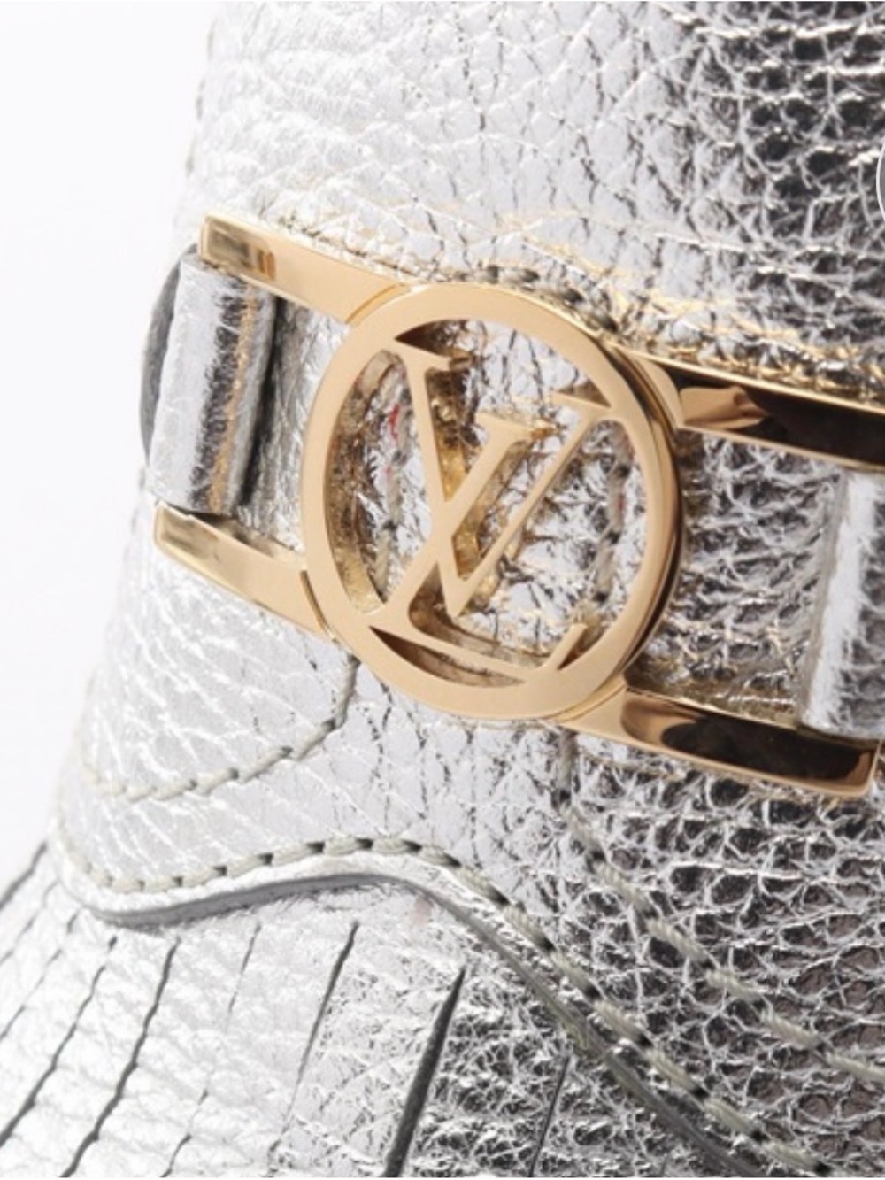 Louis Vuitton Silver Metallic Leather Heel with Gold LV Emblem